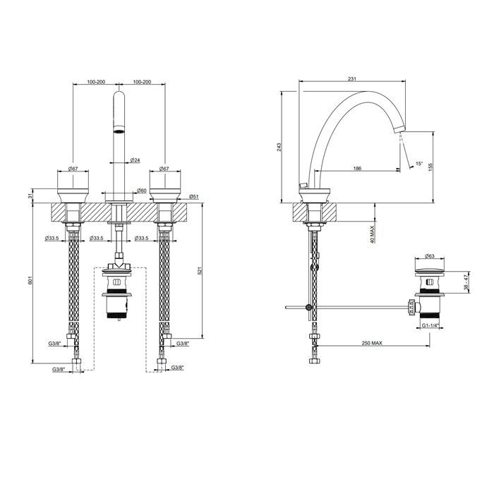 GESSI Origini Смеситель для раковины на 3 отв, с донным клапаном, в компл с отд вставкой, цвет Finox Brushed Nickel