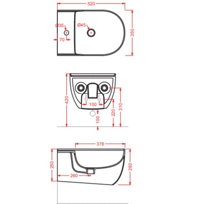 Artceram THE ONE Биде подвесное  52х35, с креплениями, с 1 отв под смеситель. цвет arancio cammeo