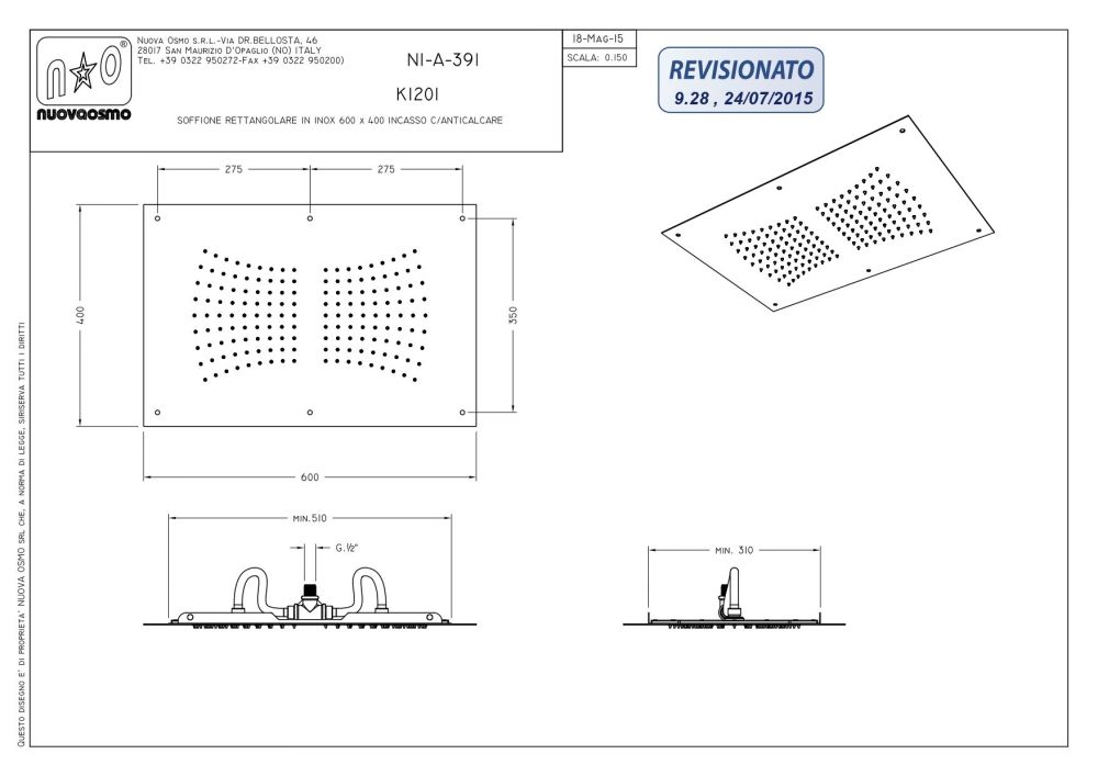Graffio, прямоугольная потолочная душевая головка 60х40 см, 1 режим: дождь, цвет хром