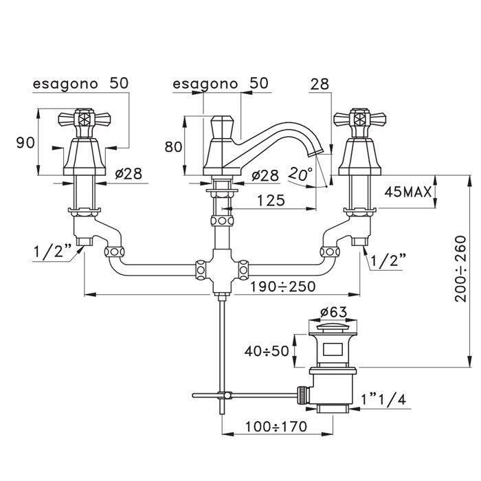 Stella Eccelsa Смеситель для раковины на 3 отверстия 3224, с донным клапаном, цвет: хром
