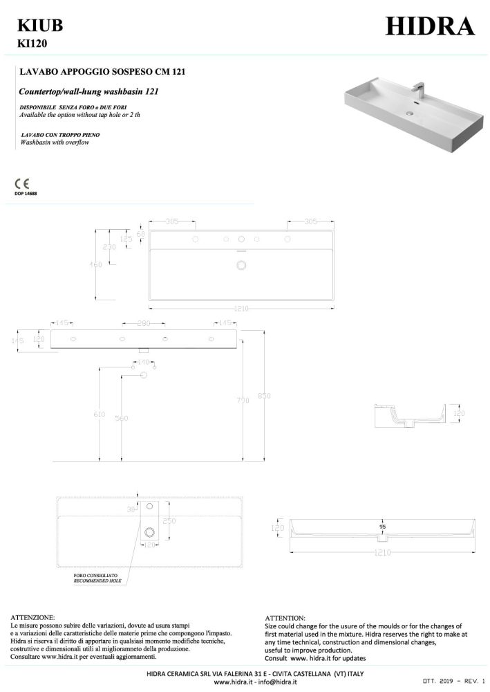 Hidra Kiub, накладная/подвесная прямоугольная раковина 121x46x12h см, цвет белый матовый, артикул KI120/006