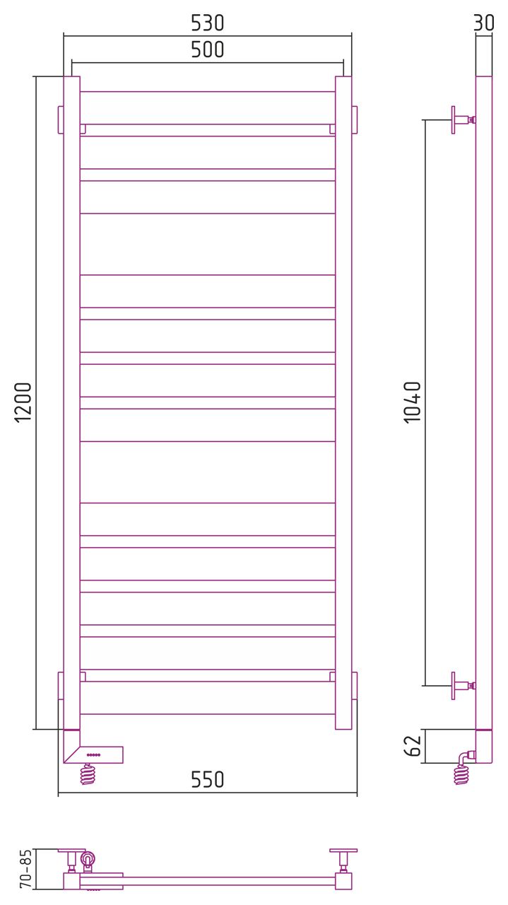 Полотенцесушитель электрический "ЦЕНТУРИОН 2.0" 1200х500 / МЭМ левый (МУАР Темный Титан)