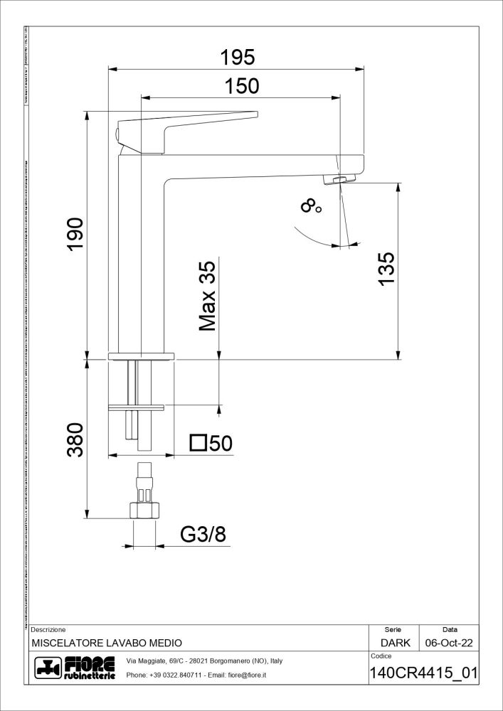 Fiore Dark, однорычажный смеситель для раковины (излив 15 см), без донного клапана, цвет хром