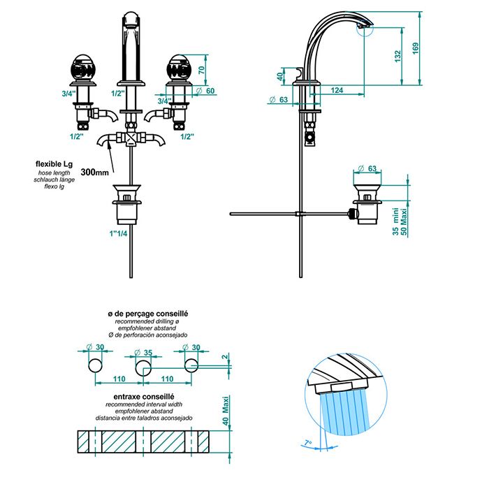 THG PANTHERE CRISTAL NOIR Смеситель для раковины на 3 отверстия, с донным клапаном, цвет хром THG PANTHERE CRISTAL NOIR Смеситель для раковины на 3 отверстия, с донным клапаном, цвет хром