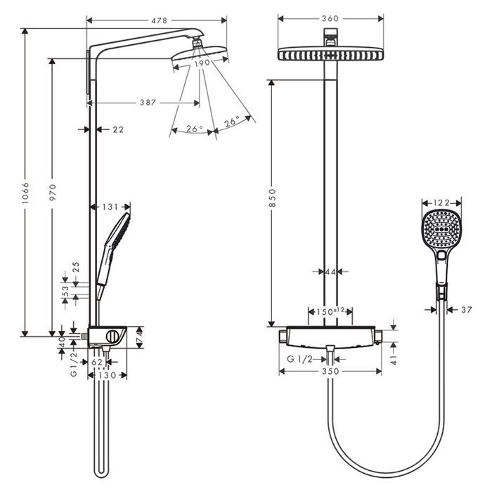 HG Raindance Select 360 Showerpipe Душевая стойка с верхним душем: 360x190 мм, и ручным душем, термостат, цвет: хром HG Raindance Select 360 Showerpipe Душевая стойка с верхним душем: 360x190 мм, и ручным душем, термостат, цвет: хром