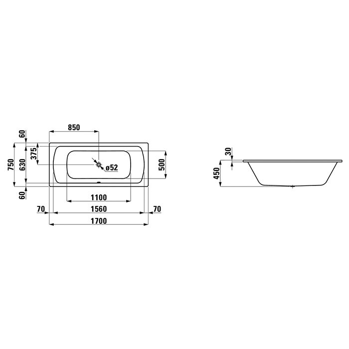 Ванна, Laufen, Pro, ширина, мм-1700, глубина, мм-750, тип установки-встраиваемый/пристенный, форма-прямоугольная, материал-эмалированная сталь (3,5 мм), выпуск по центру, шумоизоляционное покрытие, с отверстиями для ручек, с антислипом, цвет-белый