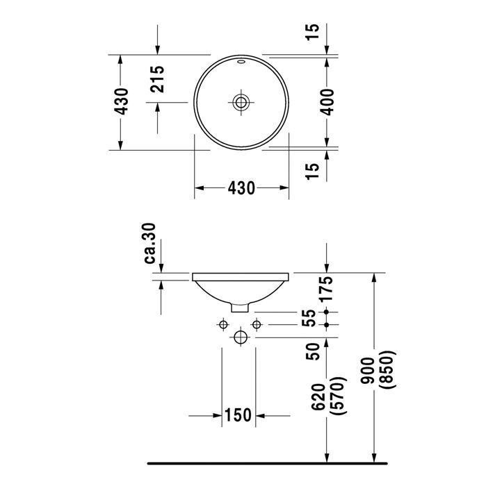 Duravit Architec Раковина, особая шлифовка для мебели Duravit, для встр. снизу, с перел., без площадки под смес., глазуровка снизу, Ø 400мм, Цвет:белы