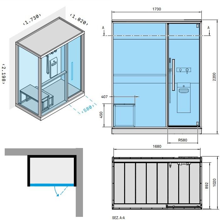 Effegibi H Large Хаммам с душем, угловой L.H., DX, 173x102xh220см, отделка: Soft Sand