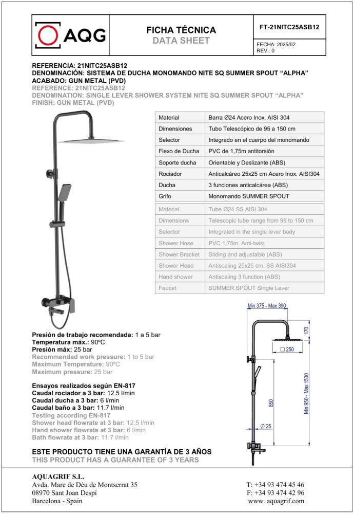 AQG Alpha, душевая колонна регулируемая по высоте 95-150 см: со складным изливом и квадратным душем, оружейная сталь (PVD), артикул 21NITC25ASB12
