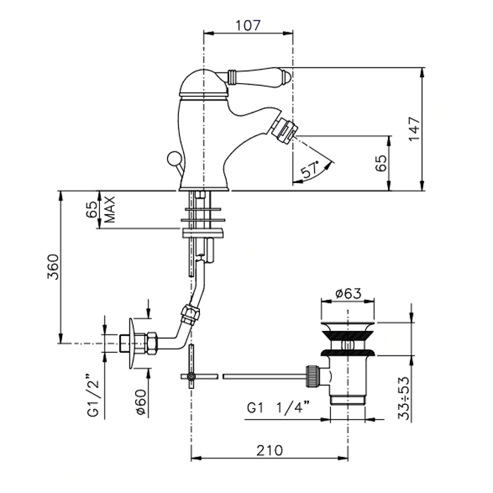 Nicolazzi P.m. Blanc Смеситель для биде, на 1 отв, с донным клапаном, излив: 107 мм, ручки белая керамика, цвет: хром