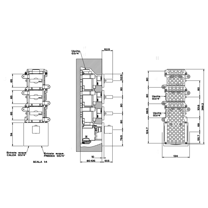 Gessi Rettangolo Встраиваемый термостат, подключение на 3/4”, с 3мя независимыми выходами(внешние части), цвет: хром