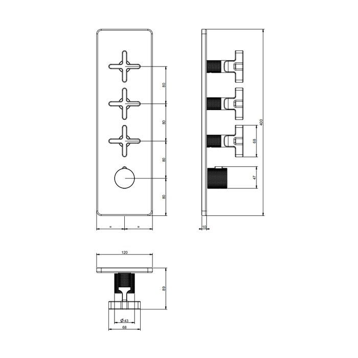 GESSI INCISO Встраиваемый термостатический смеситель на 3 источника, резьба 3/4" (внешние части), цвет: nero XL