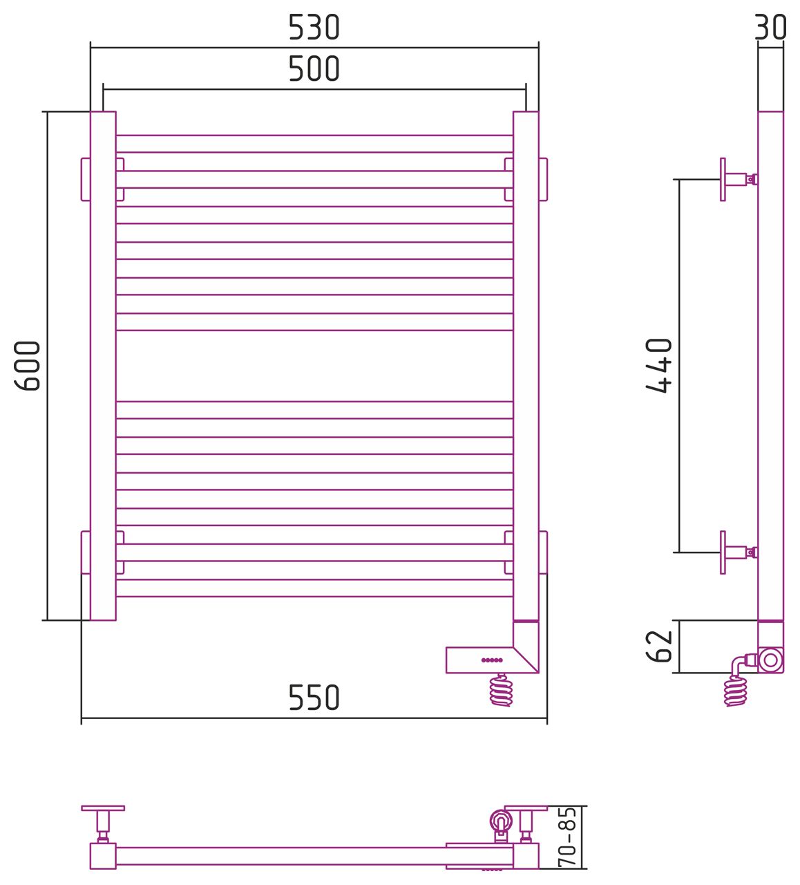 Полотенцесушитель электрический "МОДУС 2.0" 600х500 / МЭМ правый (Без покрытия)