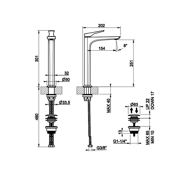 GESSI  VENTAGLIO Смеситель для раковины высокий с донным клапаном "Stop&Go" и соединительными шлангами, цвет: Warm Bronze Br PVD