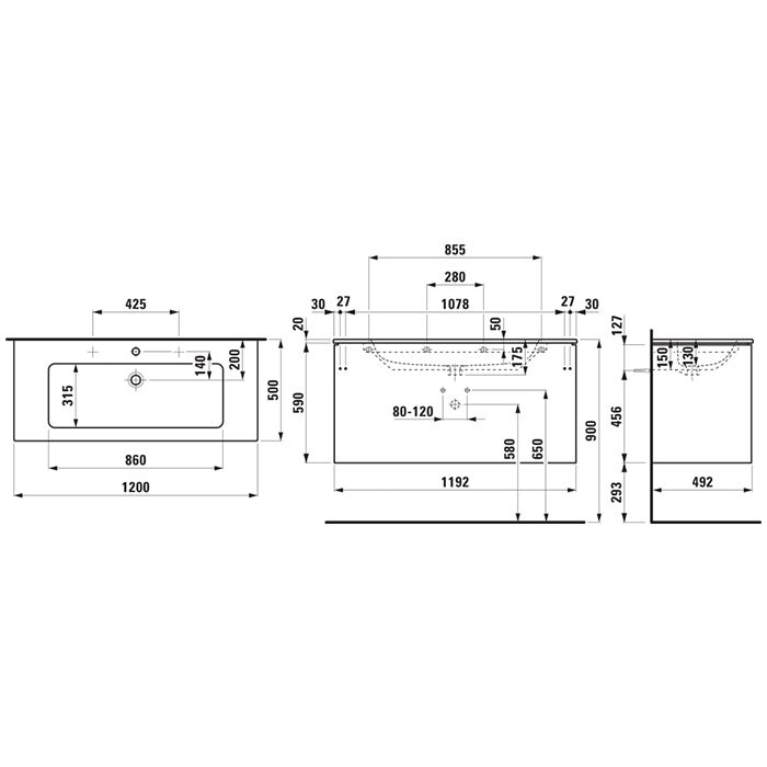 Laufen Pro S Комплект, раковина и база 1200x500x610 мм, с 2 ящиками с мех. push-and-pull, белый глянц.