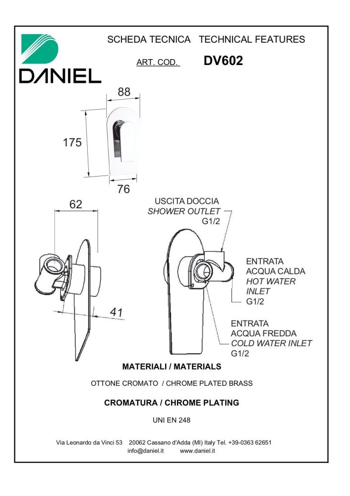 Daniel Diva, однорычажный встраиваемый смеситель для душа, цвет хром
