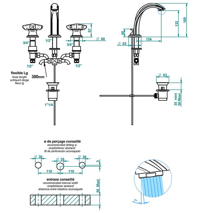 THG OCEANIA Смеситель для раковины на 3 отверстия, с донным клапаном, цвет хром