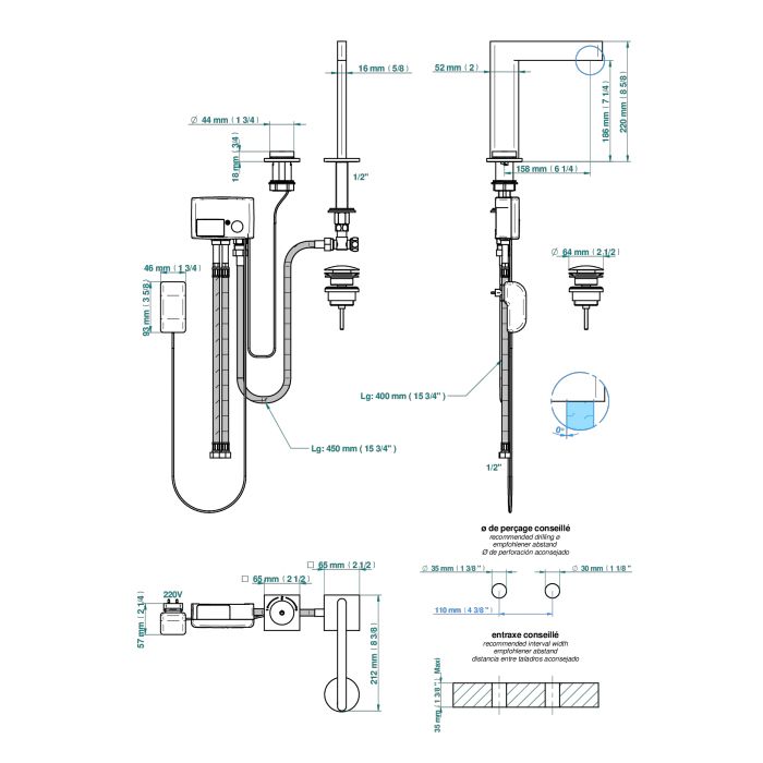 THG ICON-X TITANE A MANETTES Смеситель для раковины электронный, на 2 отверстия, с донным клапаном, цвет хром