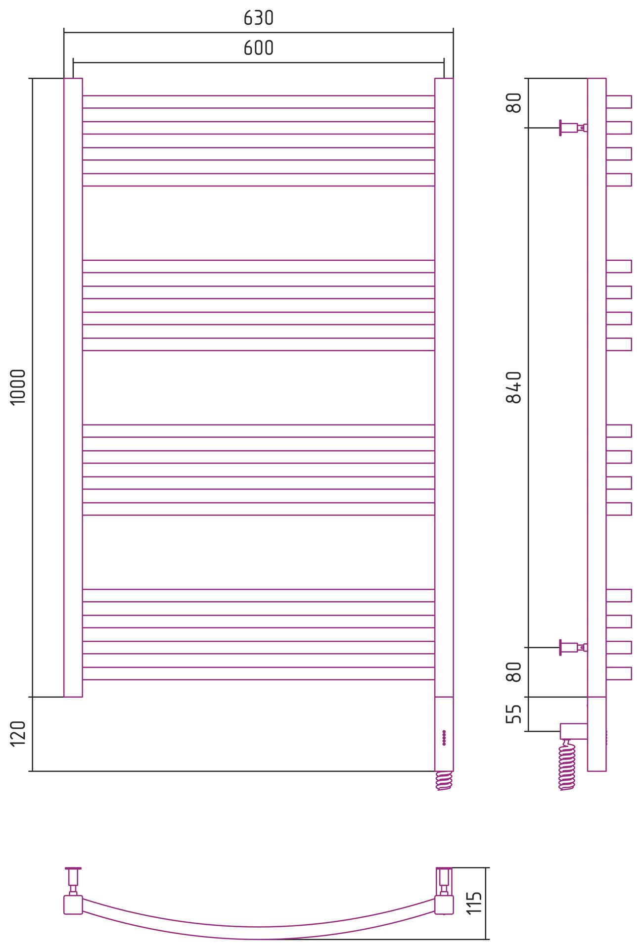 Полотенцесушитель электрический АРКУС 3.0 1000х600 МЭМ правый (Тёмный титан муар)