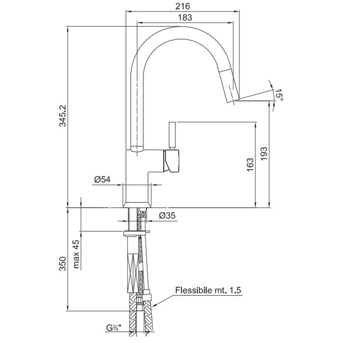 Fantini Cafe Смеситель для раковины, 1 отв., без донного клапана, излив 185мм, цвет: хром