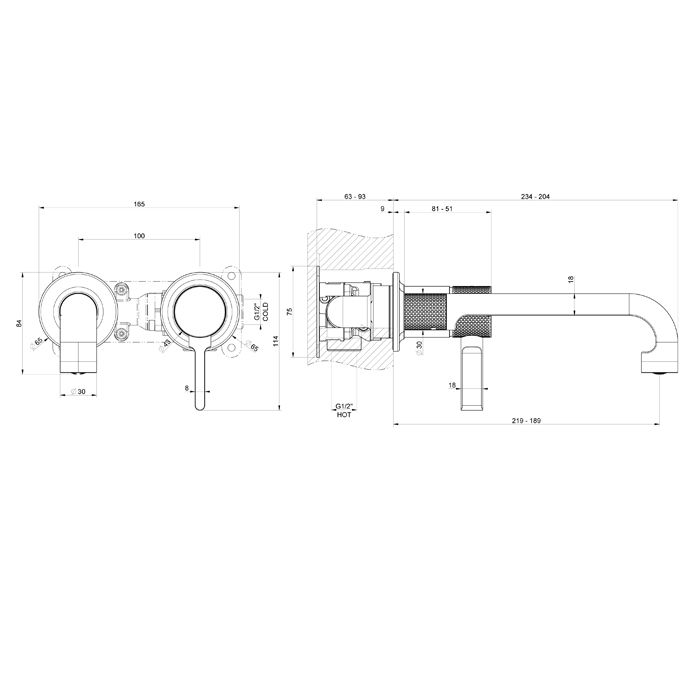 GESSI INCISO Смеситель для раковины однорычажный, встраиваемый в стену, излив 189-219 мм., внешняя часть, цвет черный матовый