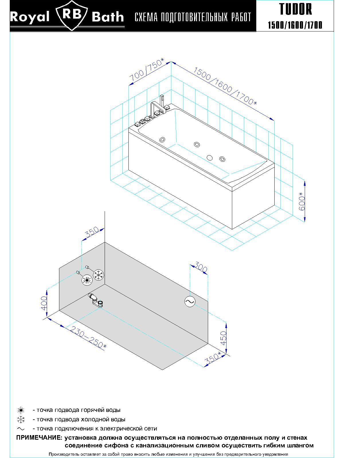 Гидромассажная ванна Royal Bath TUDOR STANDART 170x75x60
