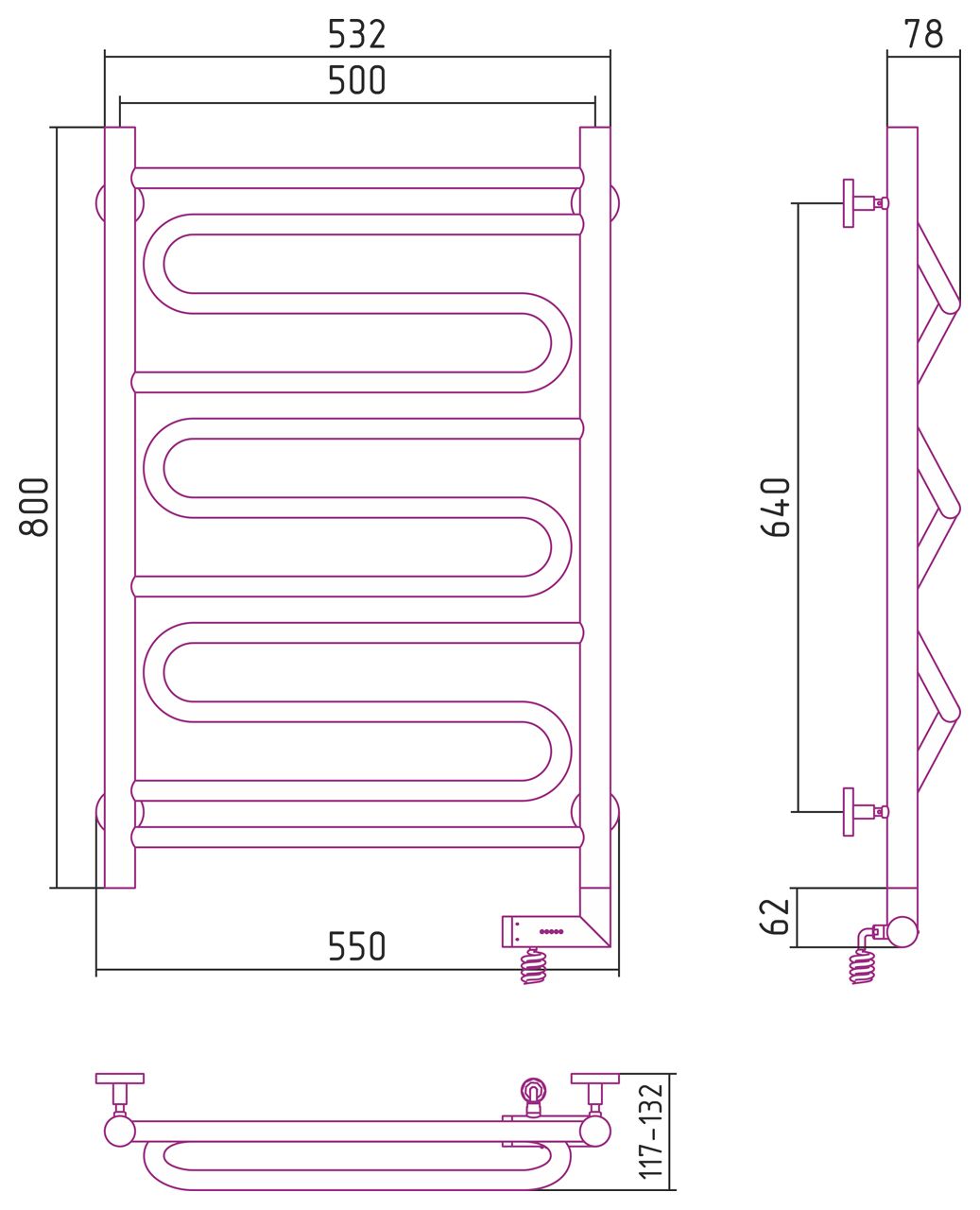 Полотенцесушитель электрический "ЭЛЕГИЯ 2.0" 800х500 / МЭМ правый (Матовый белый)
