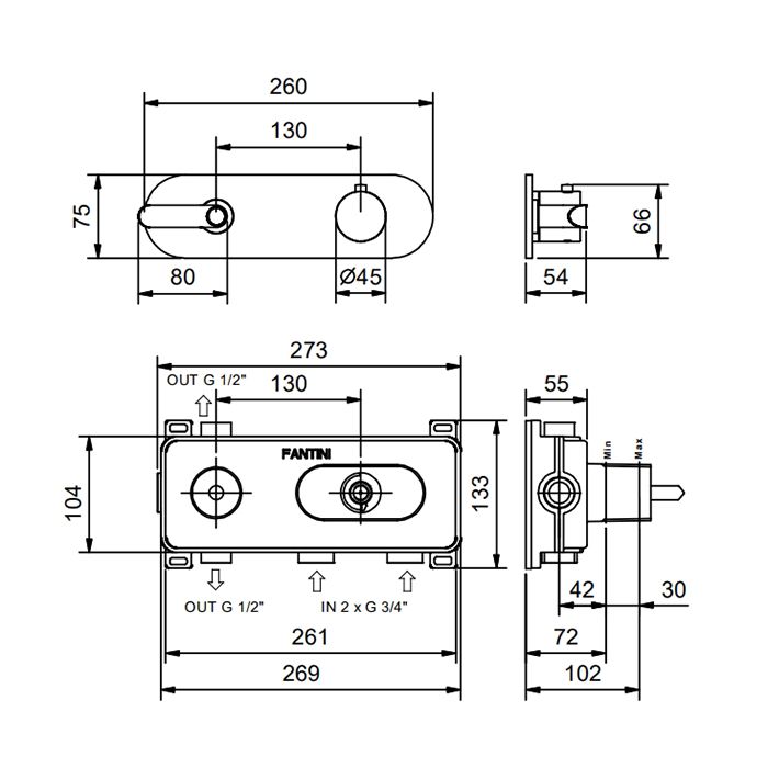 Fantini Icona Deco Встраиваемый термостат для душа на 2 ист, 3/4'', (наружняя часть), цвет: хром