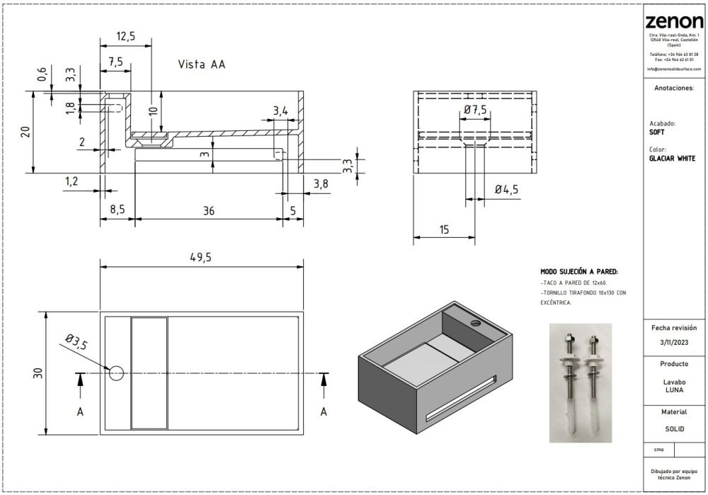 Zenon Luna, подвесная раковина прямоугольной формы, с вырезом под полотенце, 50х30хh20 см, цвет белый матовый, артикул 4000.000.000.000.39677