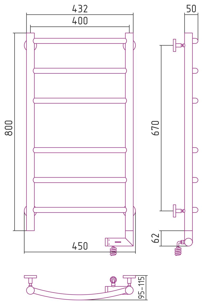 Полотенцесушитель электрический "ГАЛАНТ 2.0" 800х400 / МЭМ правый (МУАР Темный Титан)