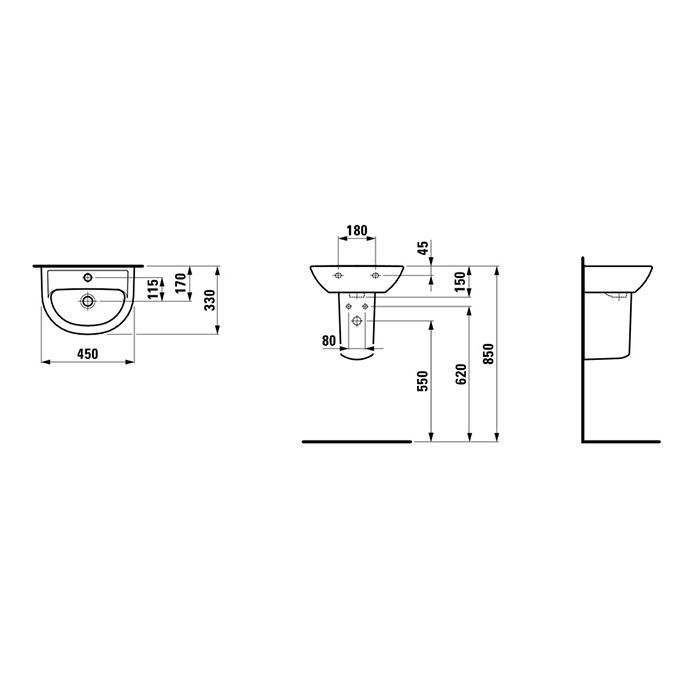 Laufen Pro B мини-раковина 450x330x150 мм, отверстие для смесителя по центру, белый