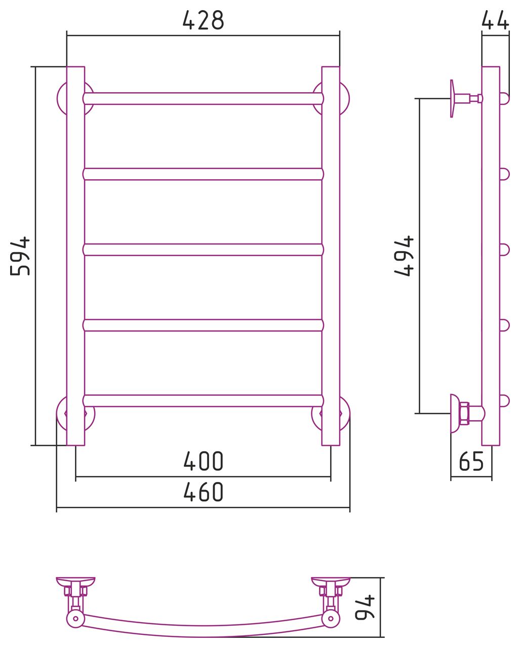 Полотенцесушитель СТИЛЬЕ "Версия-Н2" 600х400 (5) Г 18 (Без покрытия)