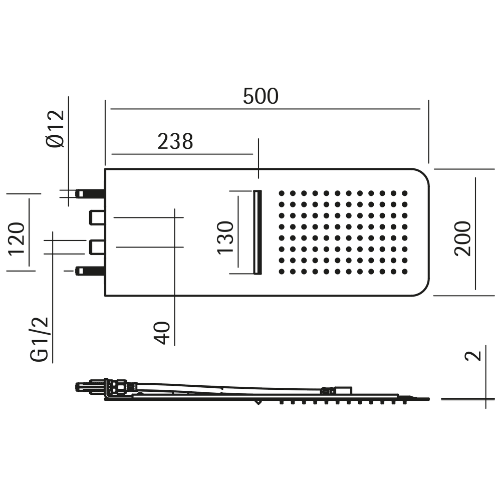 HUBER Lynox Верхний душ 500х200мм с каскадом, для настенного крепления, нержавеющая сталь