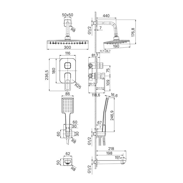 Душевая система с тропическим душем, ручным душем и изливом IDDIS Slide (SLISB03i68), артикул SLISB03i68