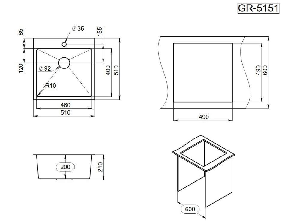 Кухонная мойка GRANULA (5151, СТАЛЬ САТИН), артикул 5151, СТАЛЬ САТИН