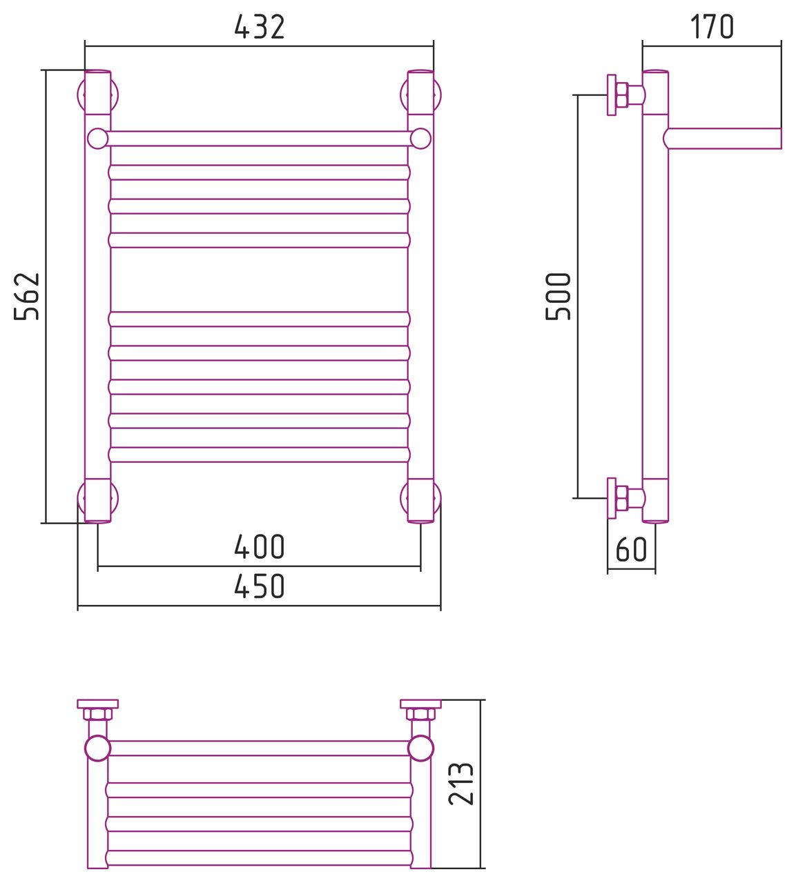Полотенцесушитель, Сунержа, Богема +, с 1 полкой, водяной, ширина, мм-450, глубина, мм-213, высота, мм-562, межосевое расстояние-400, подключение-диагональное/нижнее/вертикальное, температура теплоносителя-до 95°С, мощность-Вт-243, присоединительный разме