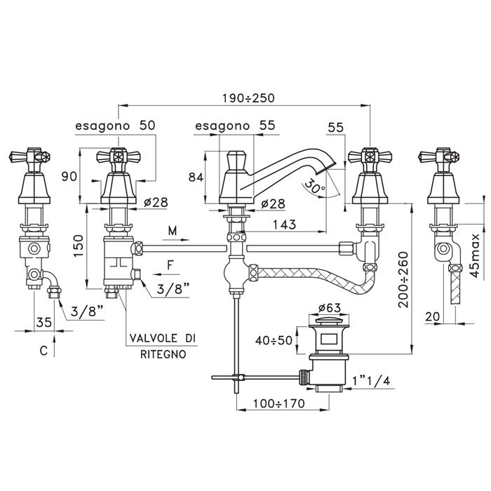 Stella Eccelsa Смеситель для раковины на 3 отверстия 3224PTC, с донным клапаном, цвет: хром