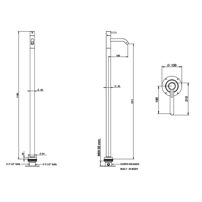 Bongio ON Смеситель для ванны напольный H 1186 мм, излив 180 мм, цвет матовый черный хром (без внутр части 09744), артикул 68533NMPREU
