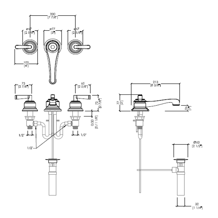 Devon & Devon Manhattan Смеситель для раковины на 3 отв, с донным клапаном, цвет никель блестящий, артикул MNH400NK