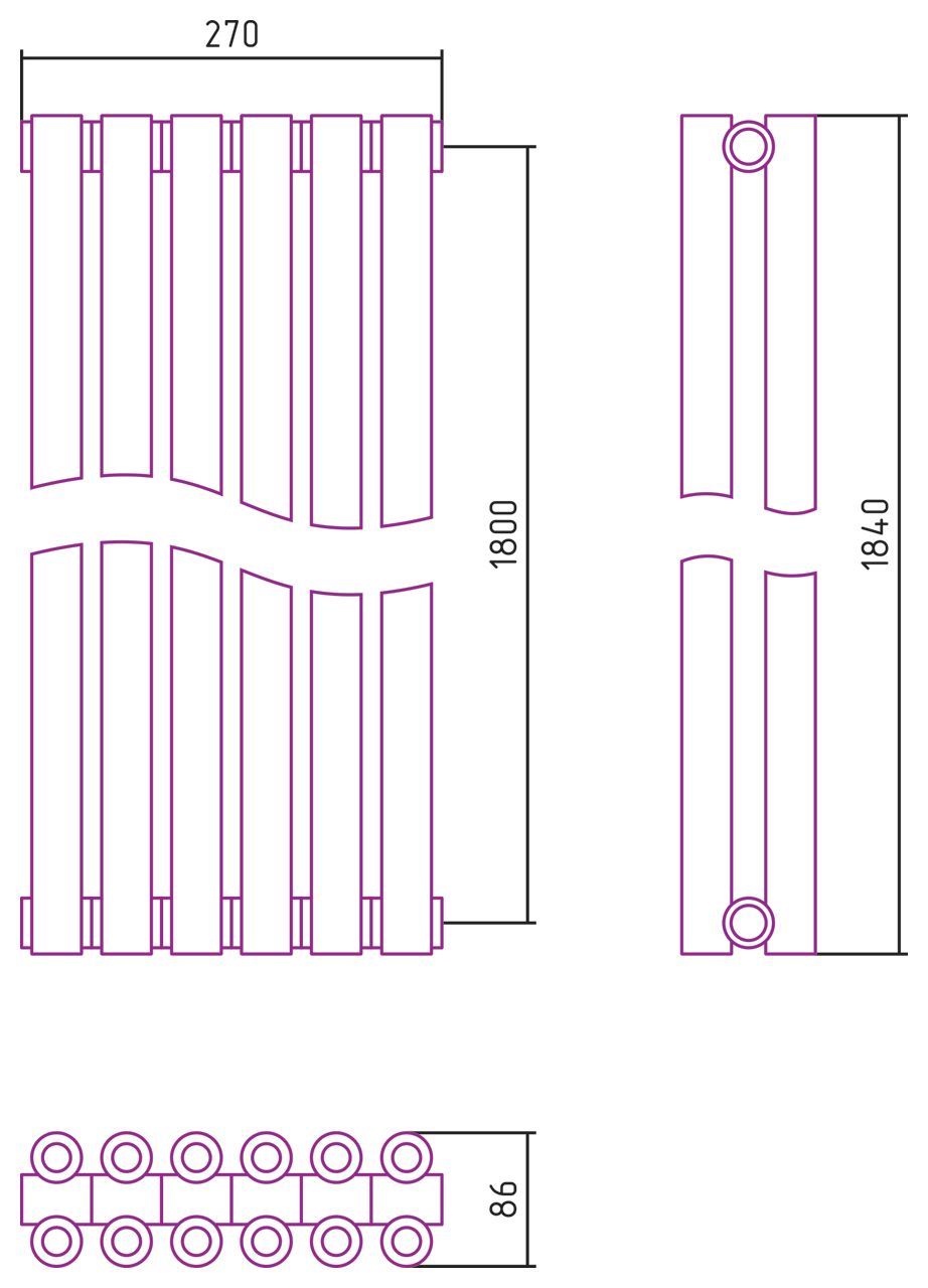 Отопительный радиатор ЭСТЕТ-00 н/ж 1800х270 / 6 сек (БЕЛЫЙ)