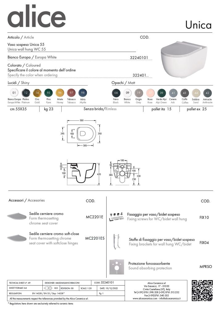 Alice Unica 55, подвесной безободковый унитаз c крепежом fix10, 55x35 см, цвет серый матовый, артикул 32240119