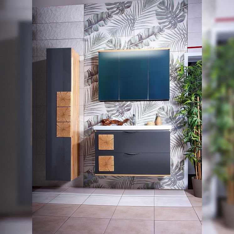 Тумба под раковину Бриклаер Форест 100 подвесная Антрацит со вставкой Пенёк