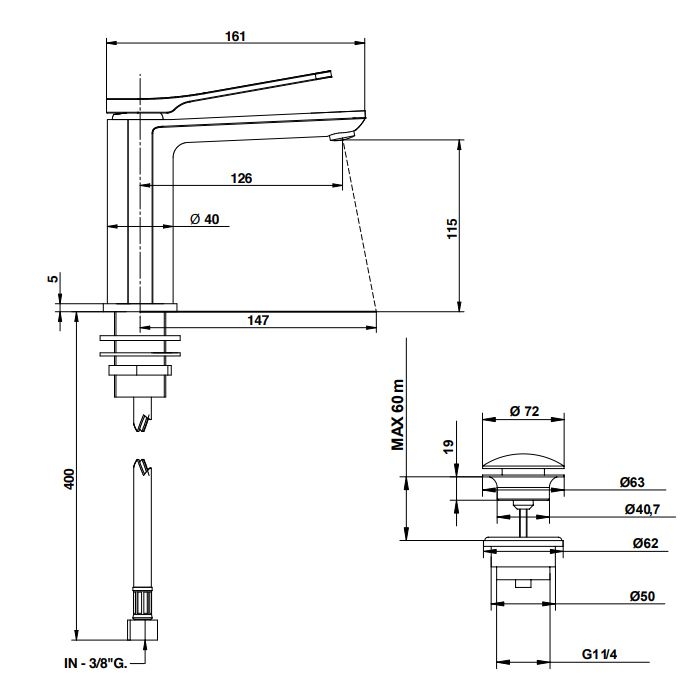 Bongio GIO2 Смеситель для раковины высокий 280 мм на 1 отв., излив 141 мм, цвет: черный матовый
