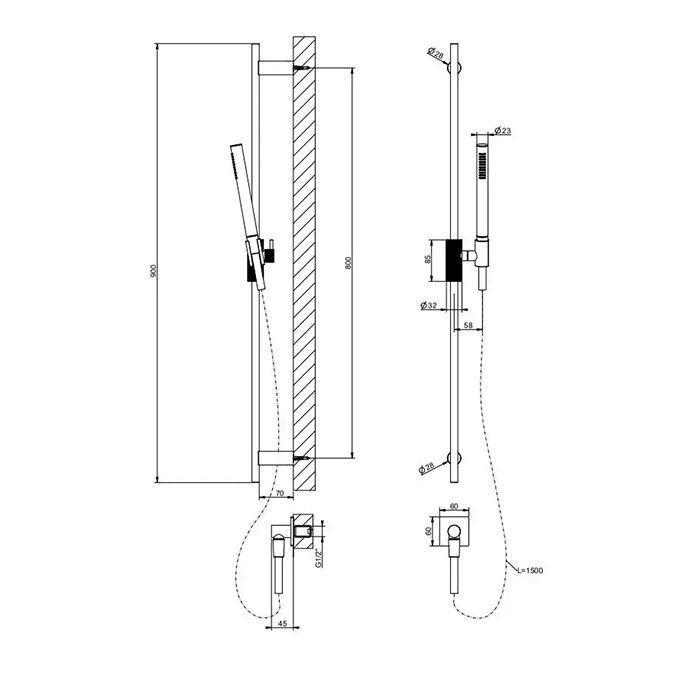 GESSI INVERSO RIGATO Штанга в комплекте с душевой лейкой с защитой от известкового налета, гибкий шланг 1,50 м цвет: хром