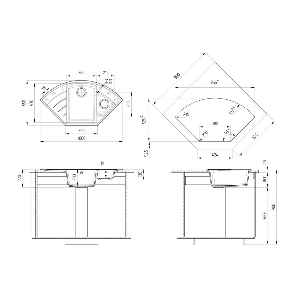 Кухонная мойка Ulgran Quartz Marta 1000-09, асфальт, артикул Marta 1000-09