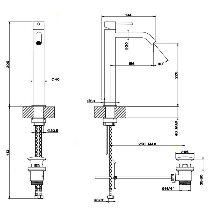 GESSI 316 Смеситель для раковины на 1 отверстие, высокий h=305мм,  с донным клапаном, излив 155мм, цвет: steel brushed