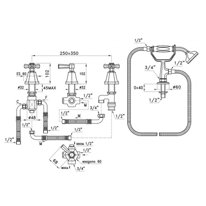 Stella Eccelsa Смеситель на борт ванны на 4 отверстия 3256TR2TC/307, без излива, цвет: золото 24К