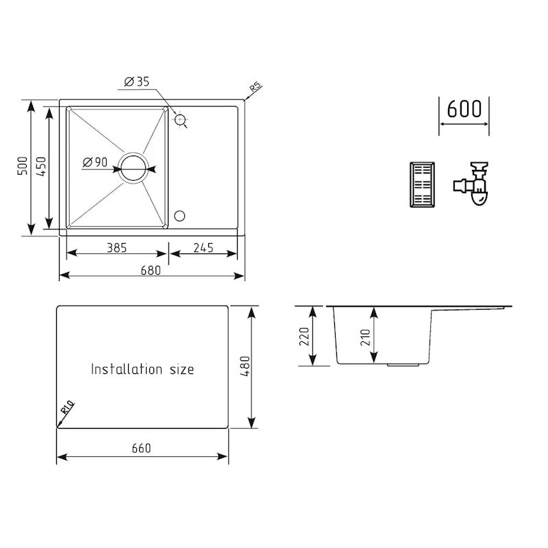 Кухонная мойка Ulgran Steel 680x500, брашированная сталь, артикул US 680-001