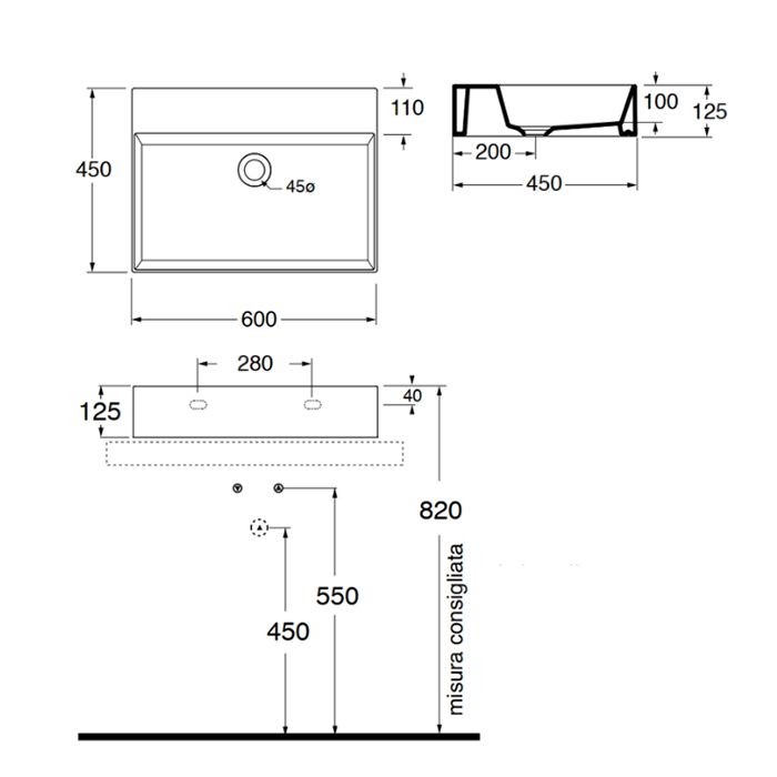 AZZURRA ELEGANCE Squared раковина подвесная/накладная 60х45см с 1 отв. под смесит, задняя стенка без глазури, цвет белый