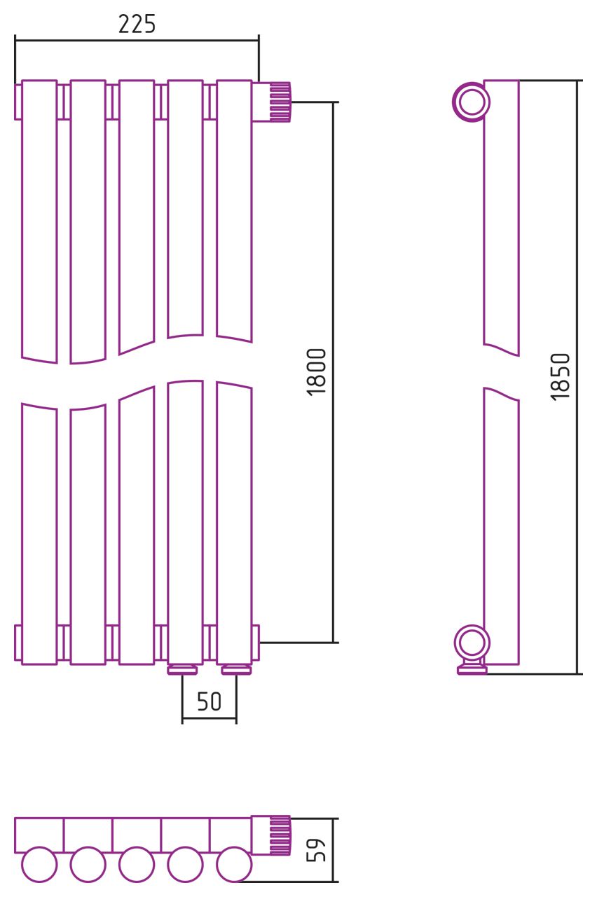 Отопительный радиатор ЭСТЕТ-1 н/ж EU50 правый 1800х225 / 5 сек (Матовый БЕЛЫЙ)